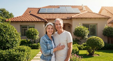 A mature couple stands embracing in front of their house with solar panels on the roof, smiling and happy.

