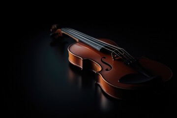 minimalistic shot of single violin resting on reflective black surface providing ample copy space