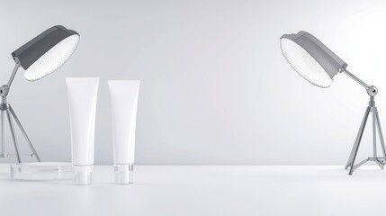 Elegant cream tube display, sophisticated cosmetic presentation, minimalist design, high-end studio setup, sleek acrylic props, inviting ambiance, luxurious aesthetic appeal
