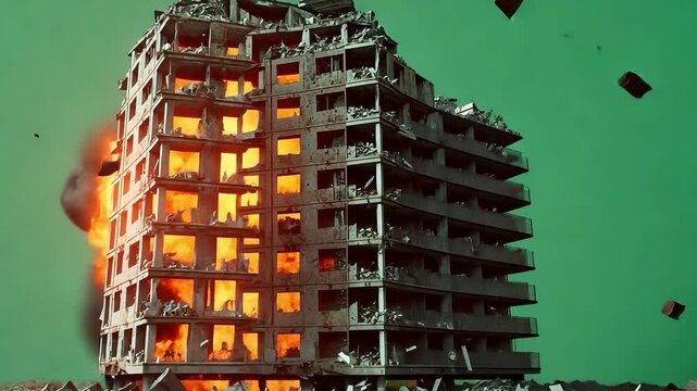 Building Destruction: A detailed depiction of a multi-story building in a state of collapse, enveloped by a dramatic explosion and cloud of debris.