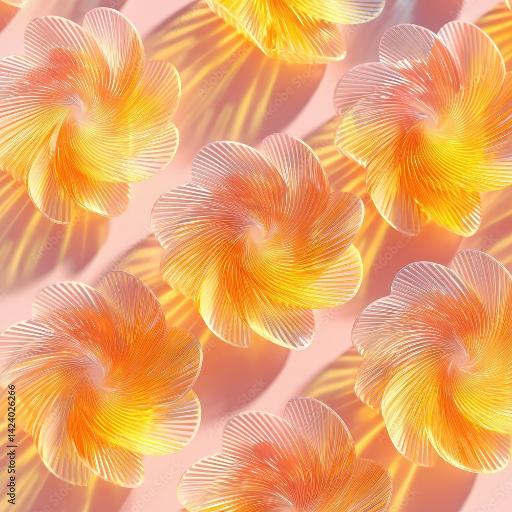 Poster Peach slices arranged in a spiral design on a plate with soft shadows and a pastel background