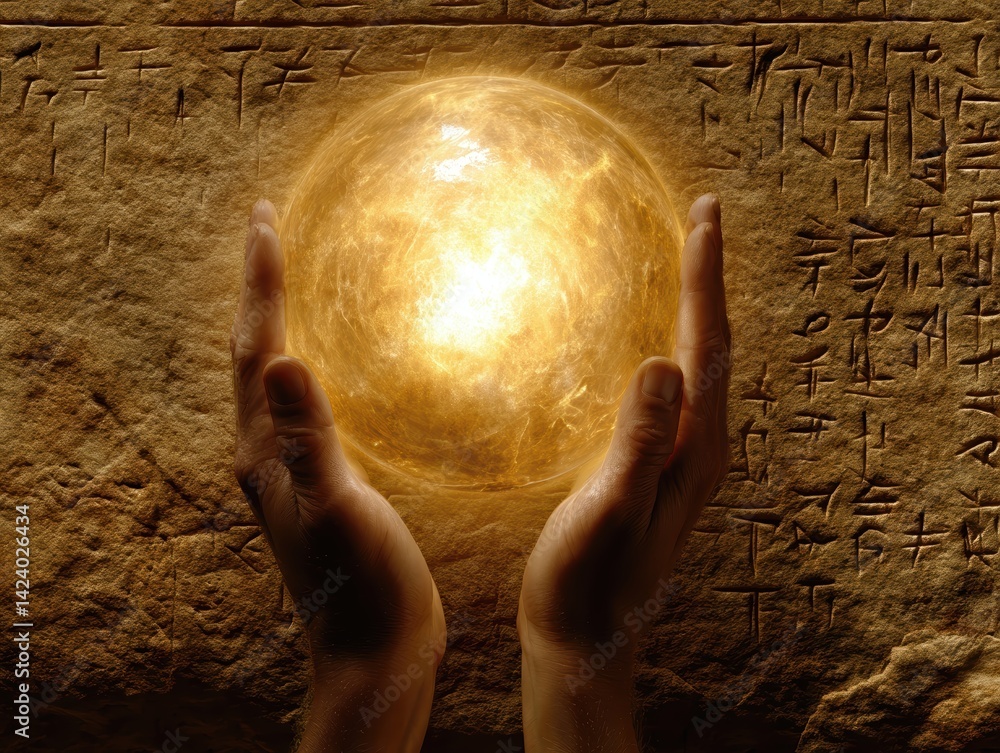 Poster two open hands embracing a glowing orb of energy above engraved stone surface with symbols
