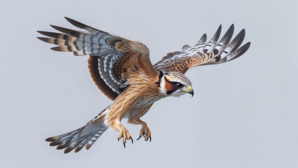 Obraz premium Rufous winged buzzard flying with outstretched wings against soft gray background