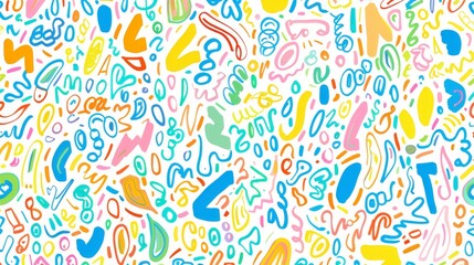 Fototapeta premium Fun colorful line doodle seamless pattern. Creative abstract style art symbol background for children or celebration design with basic shapes. Simple childish scribble wallpaper print