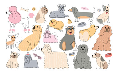 Cute friendly dogs different breed animal characters isolated set in doodle hand drawn style