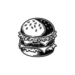 Vintage Burger Drawing – Hand-Drawn Cheeseburger  with Lettuce, Cheese, and Sesame Bun in Black and White Retro Style