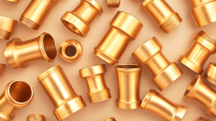 Multiple shiny brass pipe fittings, including couplings and threaded connectors on beige background. Ideal for illustrating plumbing, industrial components, and hardware design.