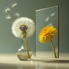A dandelion seed head in a glass vase is placed beside a mirror that reflects a vibrant yellow dandelion bloom