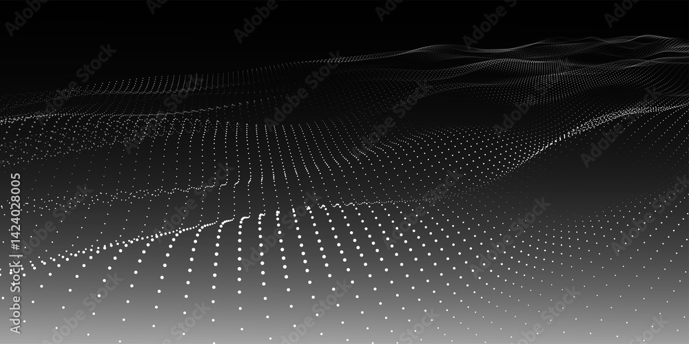 Poster futuristic dot wave. abstract digital particle wave. black and white music wave. dark background. di