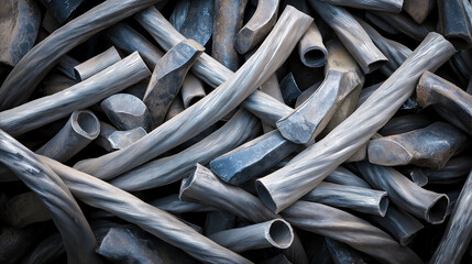 Pile of lead scrap, primarily composed of old, deformed cable sheaths ready for recycling. The raw, recycled material often used in metal recovery and heavy industry