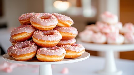 A delightful stack of glazed pink donuts adorned with colorful sprinkles, perfect for sharing joy and sweetness at brunch, parties, or as a treat for yourself any day.