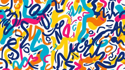 Obraz premium Fun colorful line doodle seamless pattern. Creative abstract style art symbol background for children or celebration design with basic shapes. Simple childish scribble wallpaper print