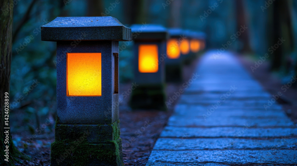 Poster tranquil pathway illuminated by lanterns in a serene forest environment at dusk