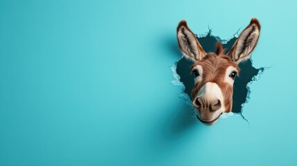 Obraz premium A curious donkey pokes its head through a hole in a bright blue wall, radiating a sense of playfulness and wonder while inviting viewers into a whimsical scene full of charm.