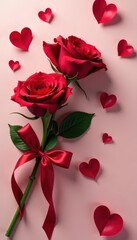 Elegant red roses with ribbon, hearts scattered, photography, background