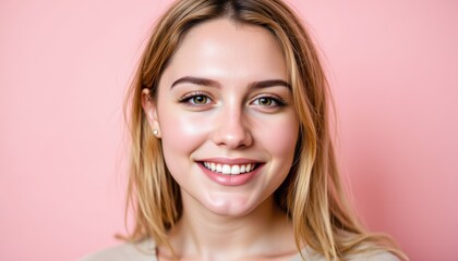 Naklejka premium Smiling woman against pink