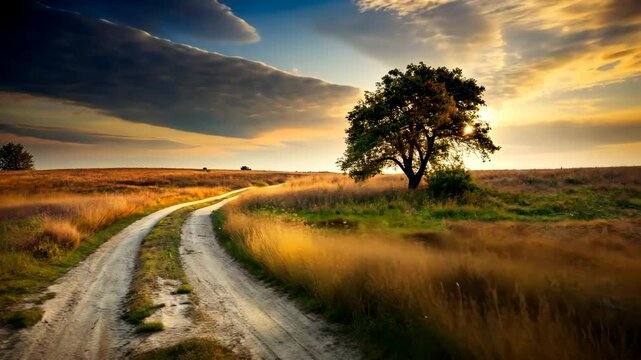 Sunset over a winding dirt road beside a lone tree in a field
