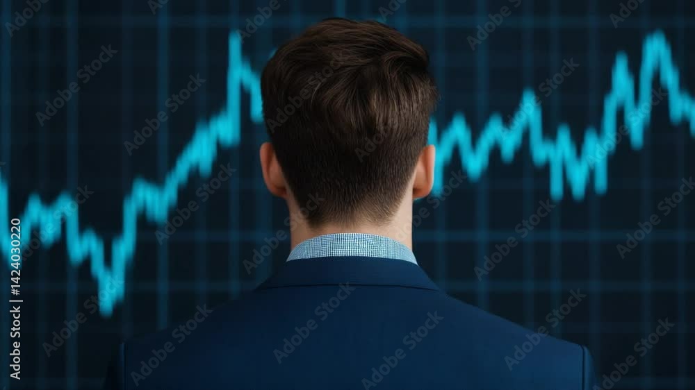 Poster businessman analyzing data trends with digital graph in background in office setting for financial i