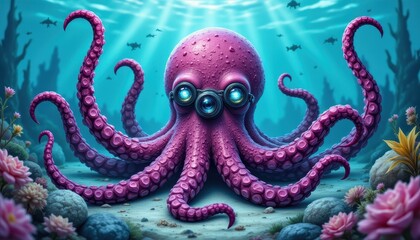 Fototapeta premium Underwater octopus with glasses