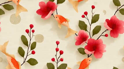 Floral Koi Delight: A serene design featuring delicate koi fish gracefully swimming amidst vibrant flowers, evoking a sense of peace and natural beauty, perfect for decorative purposes.