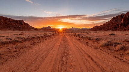 Naklejka premium A mesmerizing view of a dirt road stretching through a vast desert landscape, illuminated by a stunning sunset sky, showcasing the beauty and adventure of nature's playground.