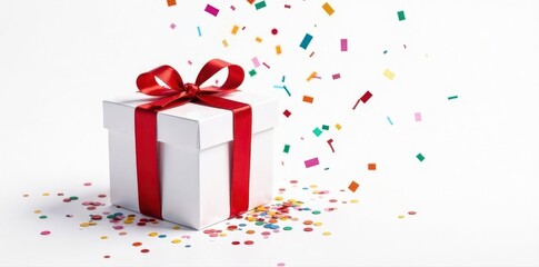 Exploded white gift box, red ribbon, colorful confetti Isolated on white background , decoration, exploded, surprise