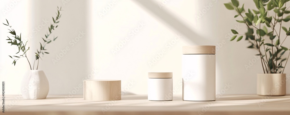 Poster sunlight casting shadows over a minimal scene with cosmetic jars and plants on a table