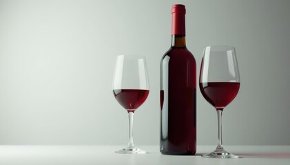 Full bottle of red wine with two filled wine glasses, dark, relax