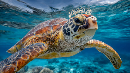 Obraz premium sad cartoon turtle wearing a plastic bag, jellyfish mistaken for plastic, bottles floating around colorful sea creatures, bright underwater setting, friendly faces but polluted environment