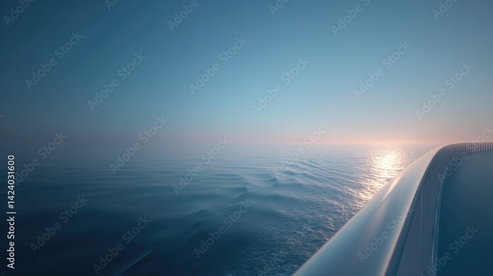 Poster serene expansive ocean view framed by ship deck with blurred passengers in background minimalistic a