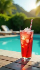 Iced beverage beside inviting pool, sunny scene, clear, summer