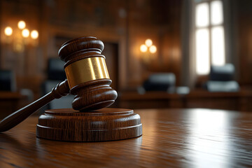 Wooden judge gavel on a table in a courtroom.