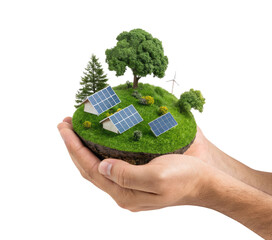 A green land with solar panels in a man's hand on a transparent background png renewable energy concept