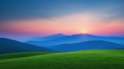 Fototapeta premium Serene Sunrise Over Rolling Hills and Mountains with Vibrant Sky and Peaceful Landscape