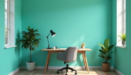 Fototapeta premium Modern Scandinavian home office Wooden desk, grey chair, turquoise wall , minimalist, modern