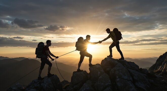 The image depicts three hikers climbing up a steep rocky mountain, with one hiker helping another by holding their hand, as they ascend towards the summit against the backdrop of a breathtaking sunset