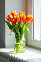 Orange filler, tulips in glass vase, white dresser Home decor , water beads, photo