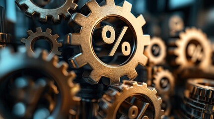Interlocking gears with percentage symbols, representing business or technological progress 