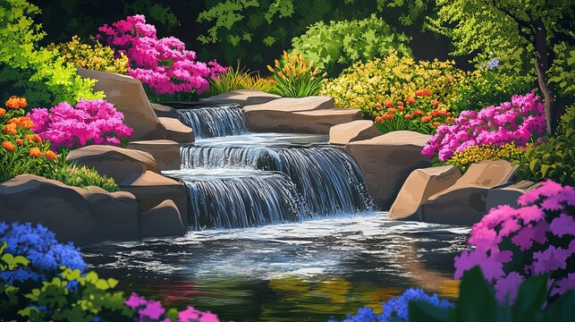 Serene Waterfall Garden Peaceful Nature Scene Tranquil Colorful Flowers Blooming Lush Greenery Rocks Water Cascading Summer Landscape Digital Painting