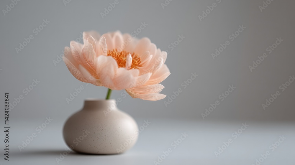 Poster single elegant flower in minimalist vase positioned centrally on plain white surface with ample copy