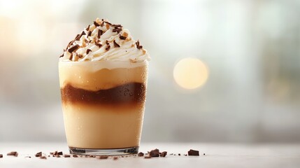 This delicious layered chocolate beverage topped with whipped cream and chocolate shavings offers a tempting visual treat that delights both the eyes and the palate.