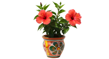 Red hibiscus flowers in decorated pot