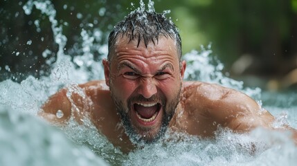 A man energetically swimming through turbulent water, expressing exhilaration with a fierce yell, capturing the spirit of adventure and passion for outdoor sports close to nature.