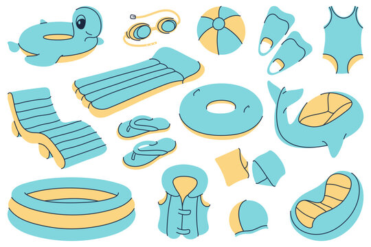 Set of illustrations of beach and pool accessories. Perfect for summer and vacation designs.
