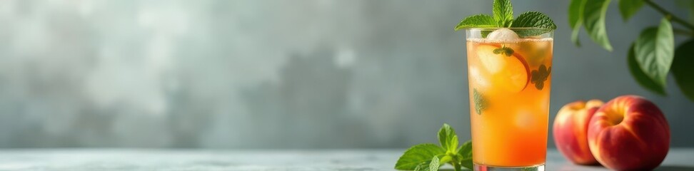 Refreshing peach mojito in glass, mint garnish Grey background , fresh, delicious