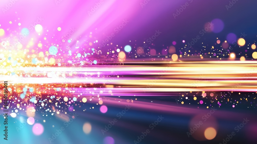 Poster abstract tech background with glowing blur lines and fast digital pulses, purple and cyan color sche