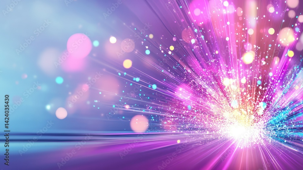 Poster abstract tech background with glowing blur lines and fast digital pulses, purple and cyan color sche