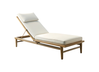 Elegant teak wood chaise lounge with soft white cushions and pillow