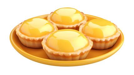 Four golden custard tarts on ochre plate delicious sweet treat dessert food photography