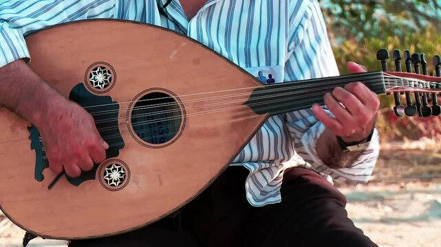 Traditional Turkish musical instrument Oud, hands playing the ud